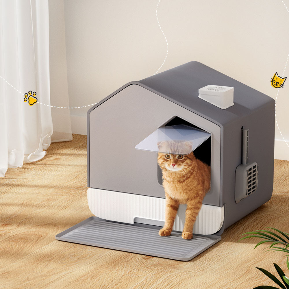 i.Pet Cat Litter Box Large Tray Kitty Toilet Fully Enclosed House Hooded Scoop Mat Grey-Pet Care &gt; Cat Supplies-PEROZ Accessories