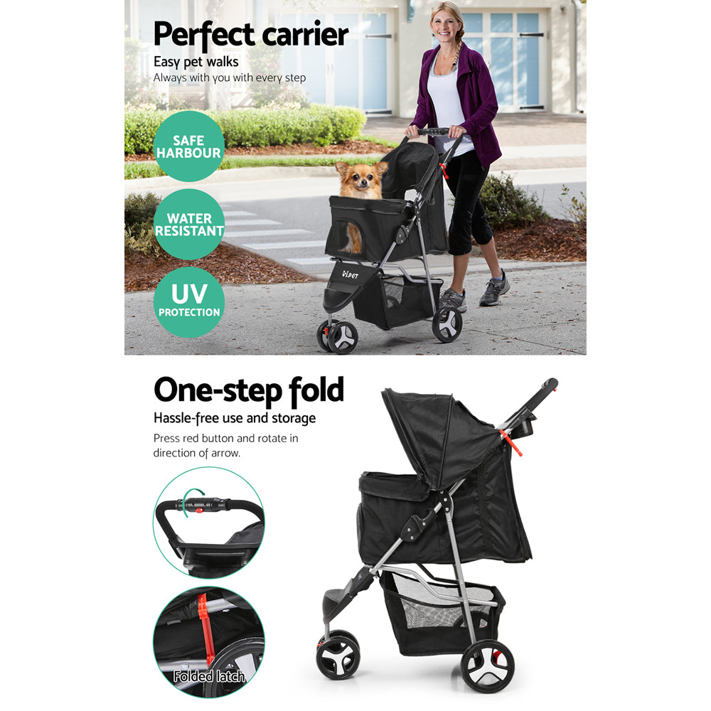 i.Pet 3 Wheel Pet Stroller - Black-Pet Care &gt; Dog Supplies-PEROZ Accessories