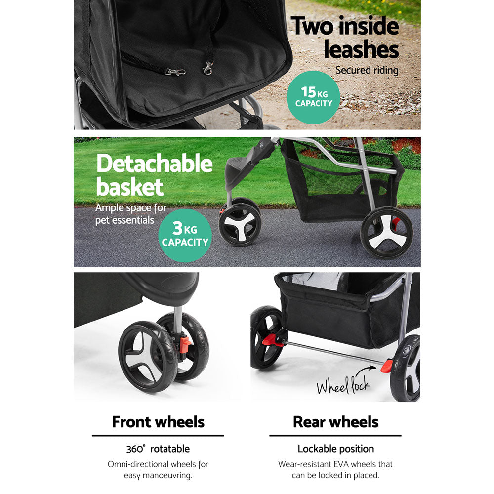 i.Pet 3 Wheel Pet Stroller - Black-Pet Care &gt; Dog Supplies-PEROZ Accessories