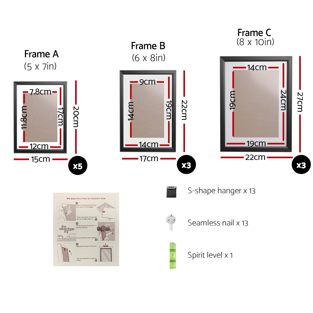 Artiss Photo Frames 11PCS 5x7in 6x8in 8x10in Hanging Wall Frame Black-Home &amp; Garden &gt; DIY - Peroz Australia - Image - 2