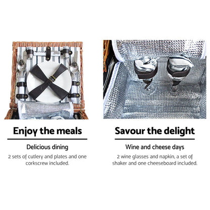 Alfresco 2 Person Picnic Basket Set Baskets Vintage Outdoor Insulated Blanket-Outdoor &gt; Picnic-PEROZ Accessories