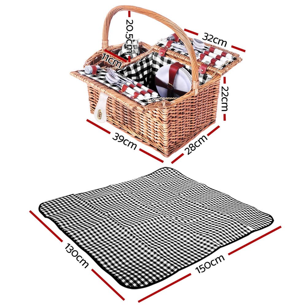 Alfresco 4 Person Picnic Basket Set Basket Outdoor Insulated Blanket Deluxe-Outdoor &gt; Camping-PEROZ Accessories