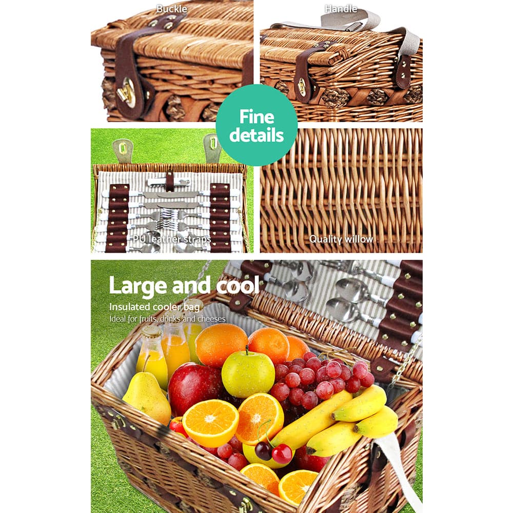 Alfresco 4 Person Picnic Basket Baskets Wicker Deluxe Outdoor Insulated Blanket-Outdoor &gt; Picnic-PEROZ Accessories