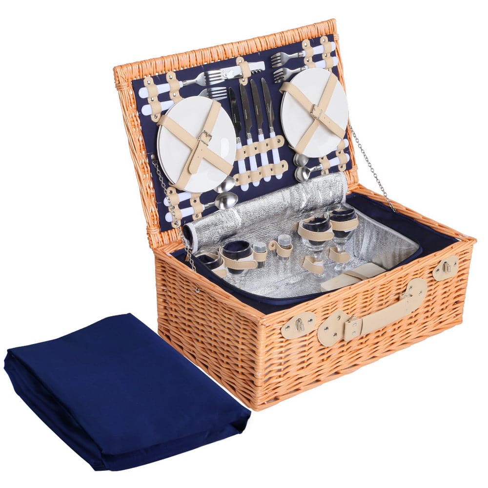 Alfresco 4 Person Picnic Basket Wicker Set Baskets Outdoor Insulated Blanket Navy-Outdoor &gt; Picnic-PEROZ Accessories