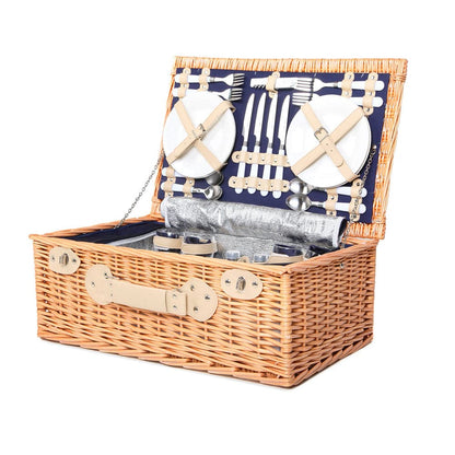 Alfresco 4 Person Picnic Basket Wicker Set Baskets Outdoor Insulated Blanket Navy-Outdoor &gt; Picnic-PEROZ Accessories