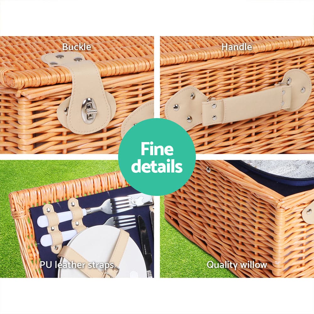 Alfresco 4 Person Picnic Basket Wicker Set Baskets Outdoor Insulated Blanket Navy-Outdoor &gt; Picnic-PEROZ Accessories