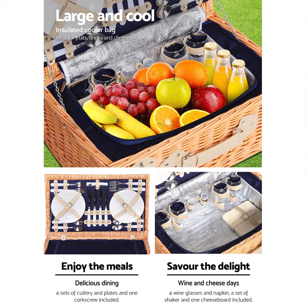 Alfresco 4 Person Picnic Basket Wicker Set Baskets Outdoor Insulated Blanket Navy-Outdoor &gt; Picnic-PEROZ Accessories