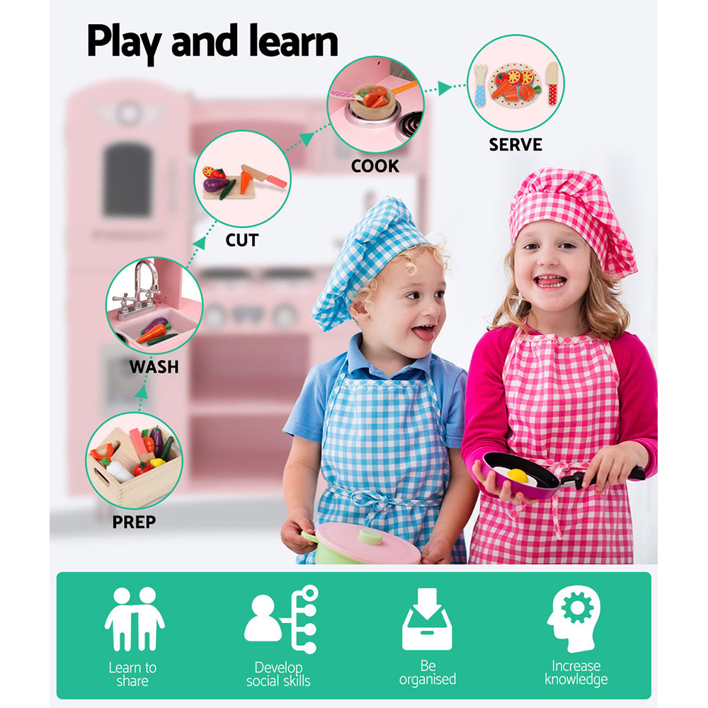 Keezi Kids Kitchen Set Pretend Play Food Sets Childrens Utensils Wooden Toy Pink-Baby &amp; Kids &gt; Toys-PEROZ Accessories