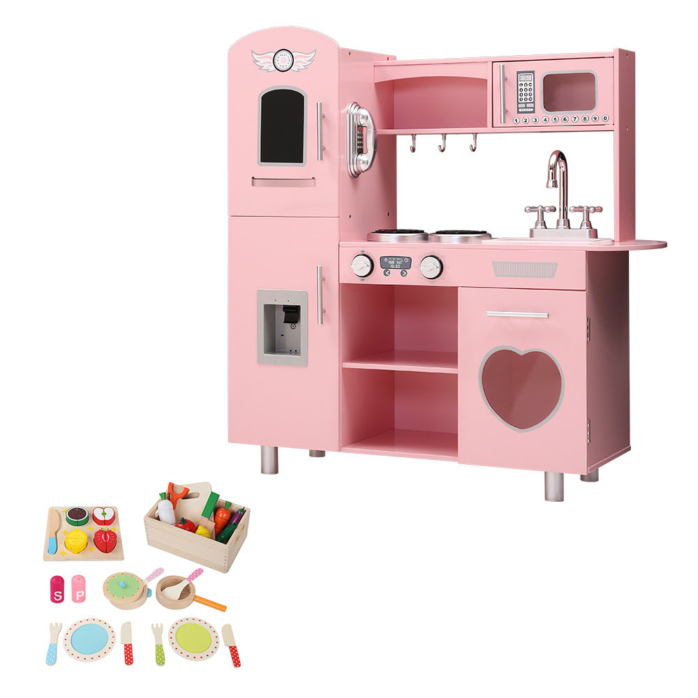 Keezi Kids Kitchen Play Set Wooden Pretend Toys Cooking Children Food Pink-Baby &amp; Kids &gt; Kid&