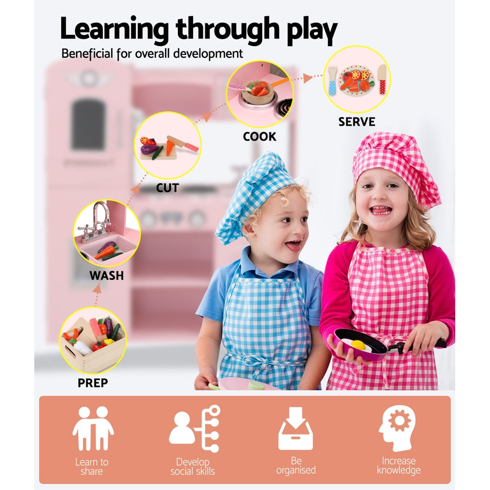 Keezi Kids Kitchen Play Set Wooden Pretend Toys Cooking Children Food Pink-Baby &amp; Kids &gt; Kid&