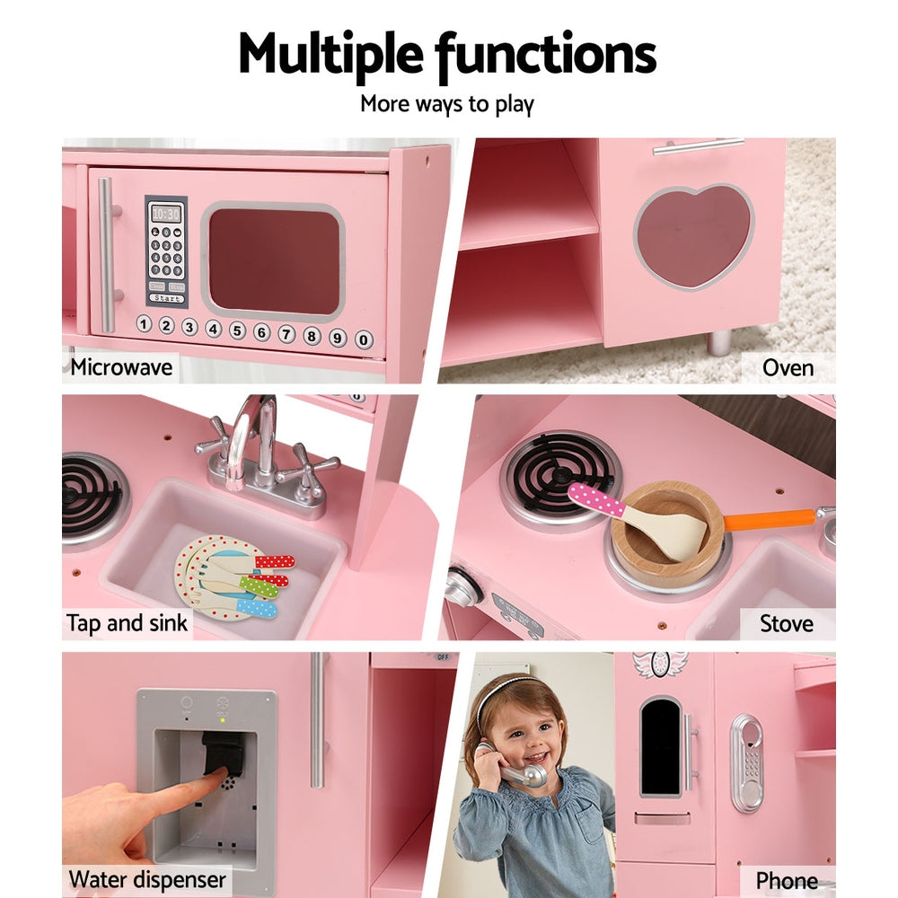 Keezi Kids Kitchen Play Set Wooden Pretend Toys Cooking Children Food Pink-Baby &amp; Kids &gt; Kid&