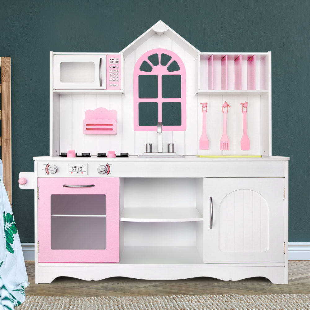 Keezi Kids Wooden Kitchen Play Set - White &amp; Pink-Baby &amp; Kids &gt; Toys-PEROZ Accessories