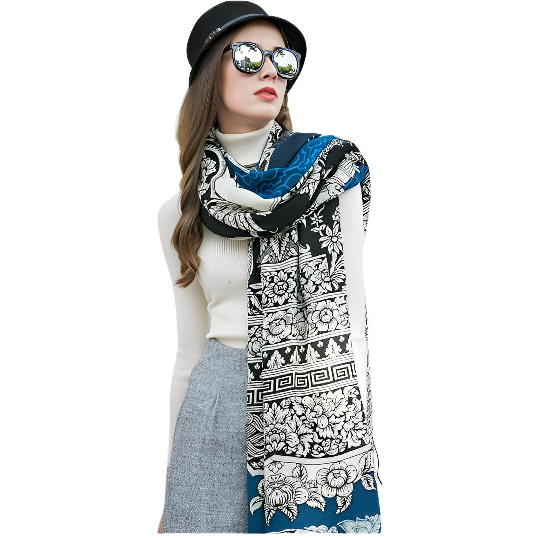 Anyyou 100% Pure Merino Wool Blue Tiki Pattern Stylish Poncho Winter Large Scarf With Trendy Pashmina Shawl Bandana For Womenfashion Design-Scarves-PEROZ Accessories