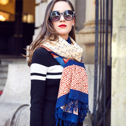 Anyyou 100% Pure Merino Wool Blue Striped Pattern Stylish Poncho Winter Large Scarf With Trendy Pashmina Shawl Bandana For Womenfashion Design-Scarves-PEROZ Accessories