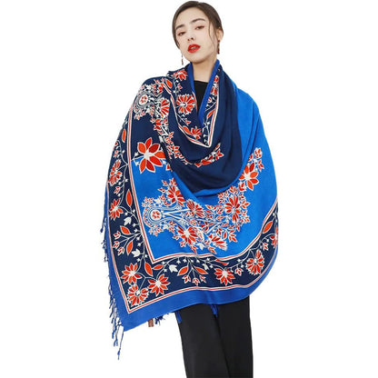 Anyyou 100% Merino Wool Royal Blue Garden Neck Wrap Silk Satin Large Winter Scarf Pashmina Shawl Bandana Perfect For Women Ladies Fashion Style-Scarves-PEROZ Accessories