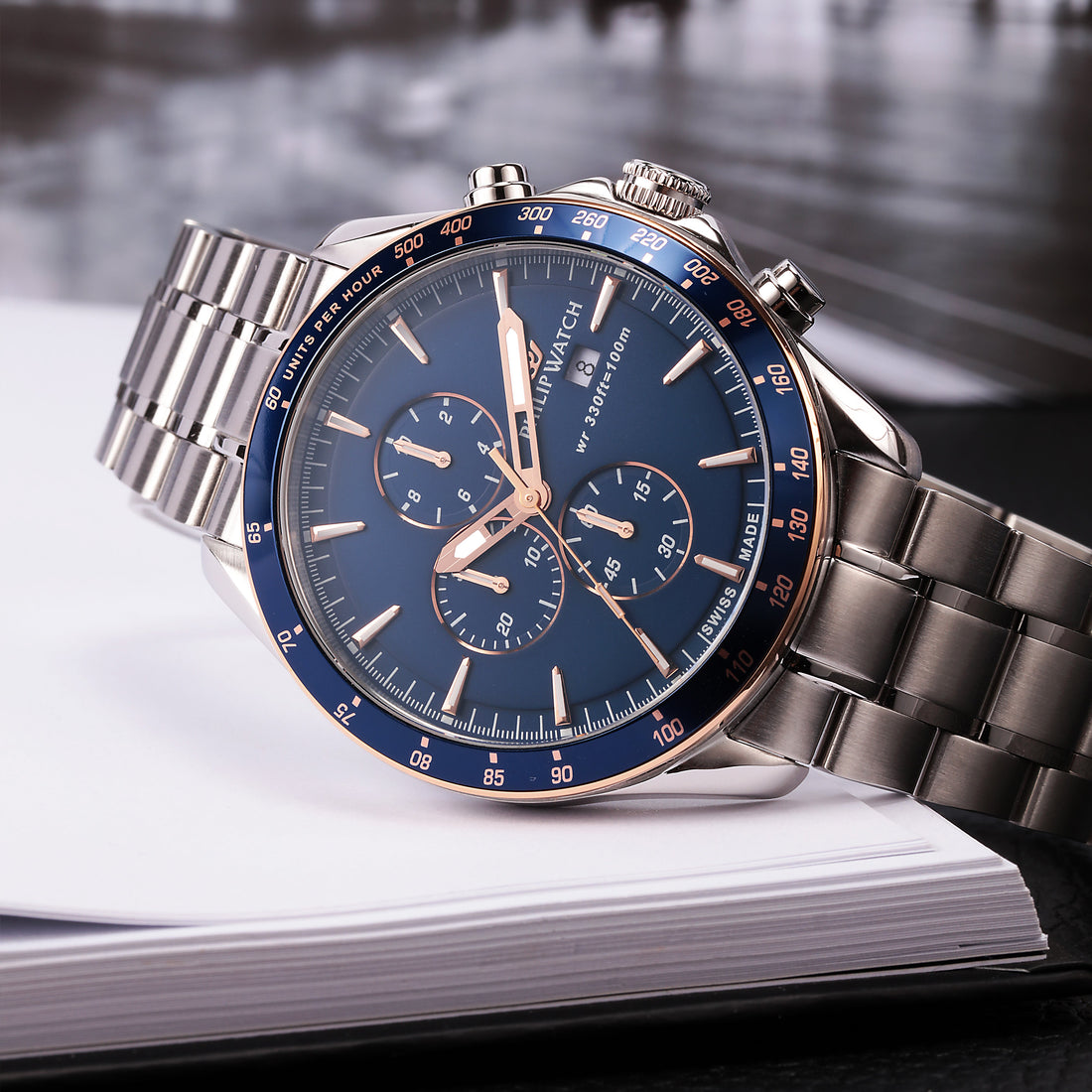 Philip Watch Blaze Blue 44mm Chronograph-Quartz Watches-PEROZ Accessories