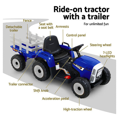 Rigo Ride On Car Tractor Trailer Toy Kids Electric Cars 12V Battery Blue-Baby &amp; Kids &gt; Ride on Cars, Go-karts &amp; Bikes-PEROZ Accessories
