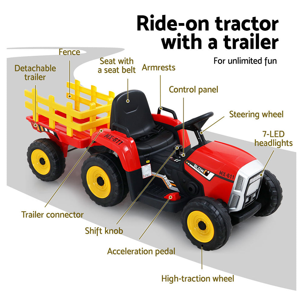 Rigo Ride On Car Tractor Trailer Toy Kids Electric Cars 12V Battery Red-Baby &amp; Kids &gt; Ride on Cars, Go-karts &amp; Bikes-PEROZ Accessories