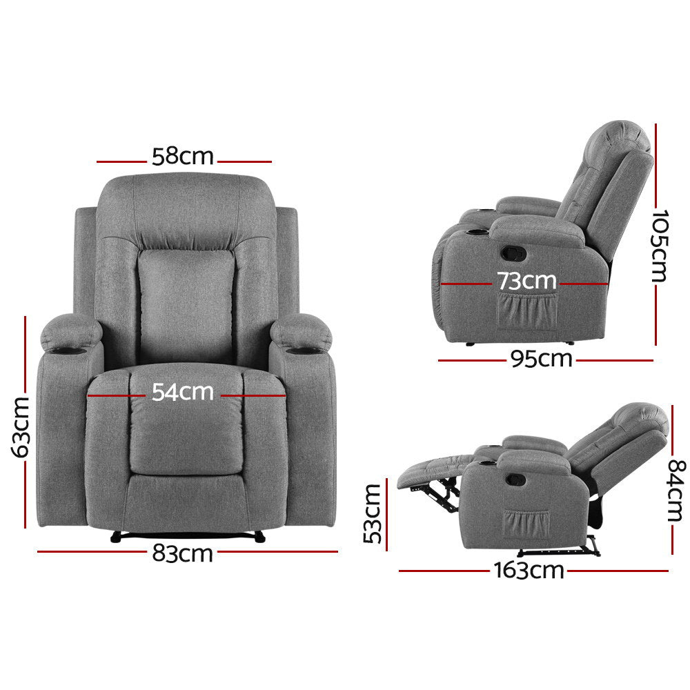 Artiss Recliner Chair Electric Massage Chair Fabric Lounge Sofa Heated Grey-Health &amp; Beauty &gt; Massage - Peroz Australia - Image - 2