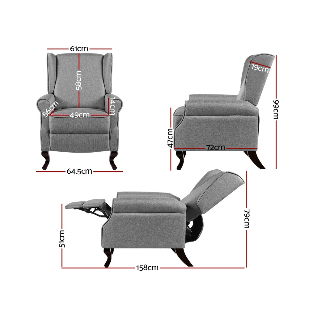Artiss Recliner Chair Luxury Lounge Armchair Single Sofa Couch Fabric Grey-Furniture &gt; Living Room - Peroz Australia - Image - 2