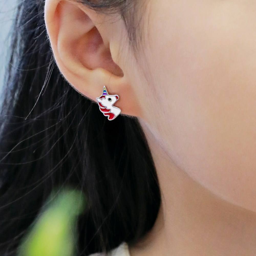 Anyco Earrings Unicorn Shape Hypoallergenic Nickel 925 Sterling Silver CZ Cubic Zirconia Tiny Enamel Stud Earrings for Kid-Earrings-PEROZ Accessories