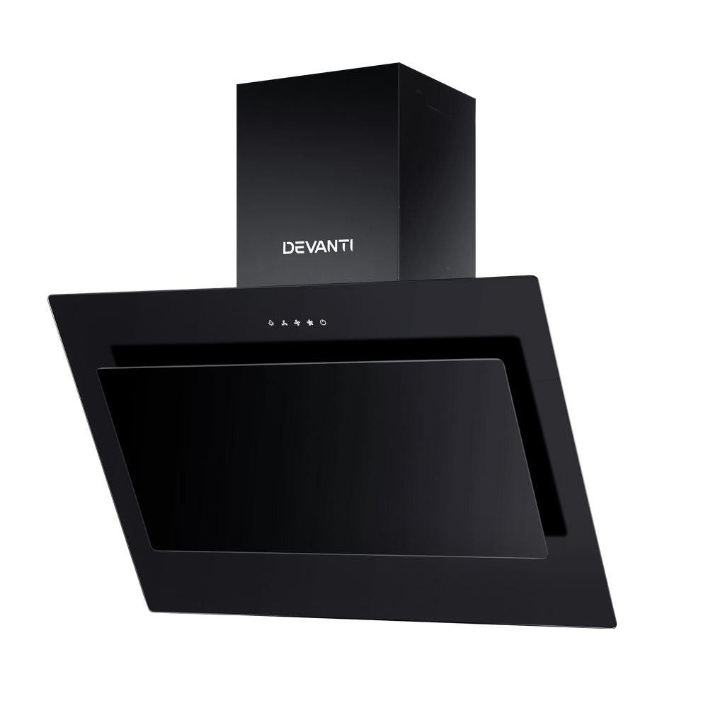 DEVANTI Rangehood 900mm Black Angled Side Draft Range Hood Canopy Glass 90cm-Appliances &gt; Kitchen Appliances-PEROZ Accessories