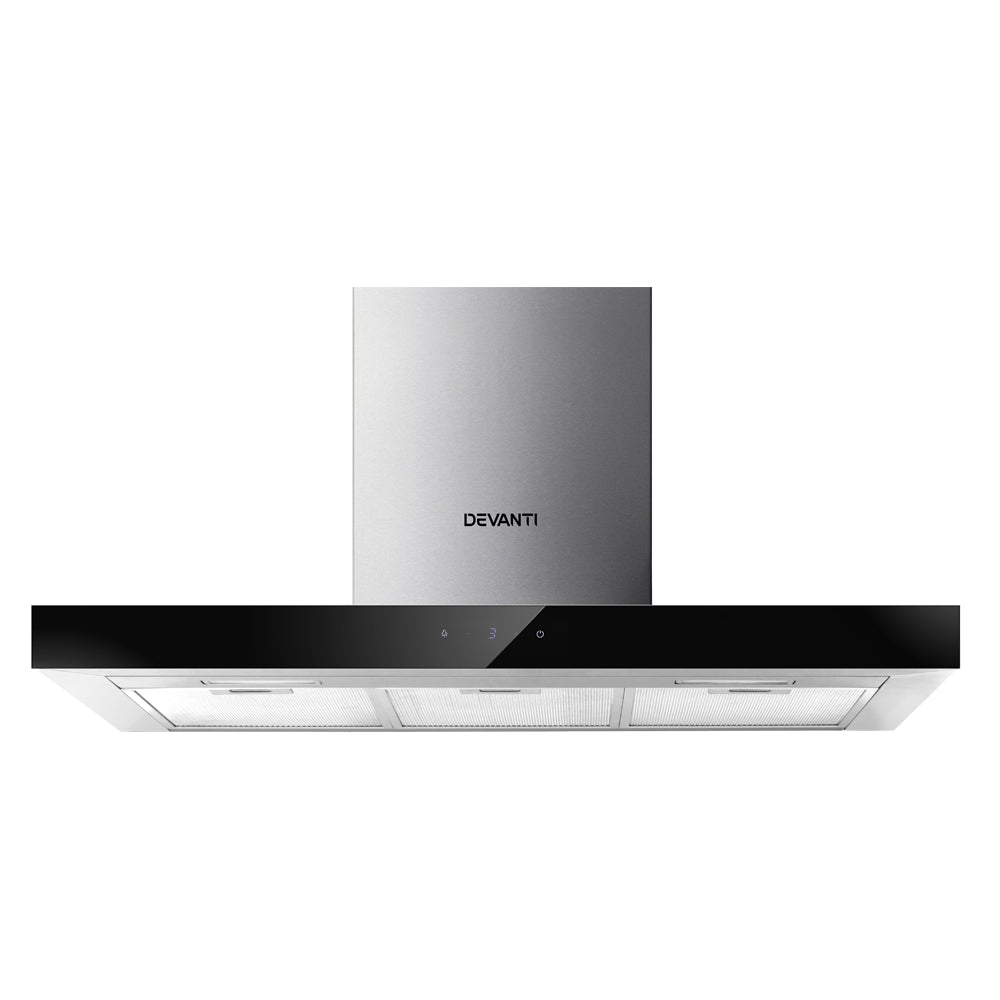 Devanti Range Hood 900mm Rangehood 90cm Stainless Steel Glass Kitchen Canopy Black-Appliances &gt; Kitchen Appliances-PEROZ Accessories