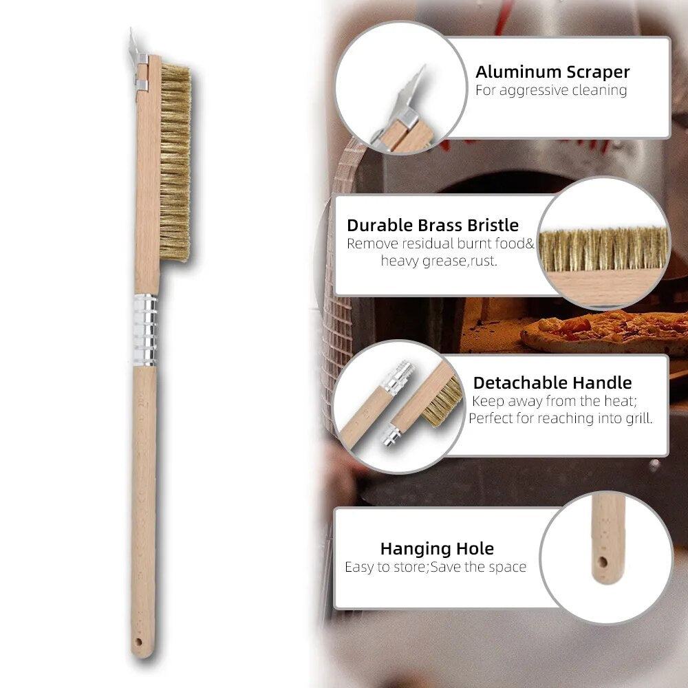 AnyGleam Wooden 65cm Pizza Oven Copper Brush with Metal Scraper Tool Cleaning Accessories-Pizza Makers &amp; Ovens-PEROZ Accessories