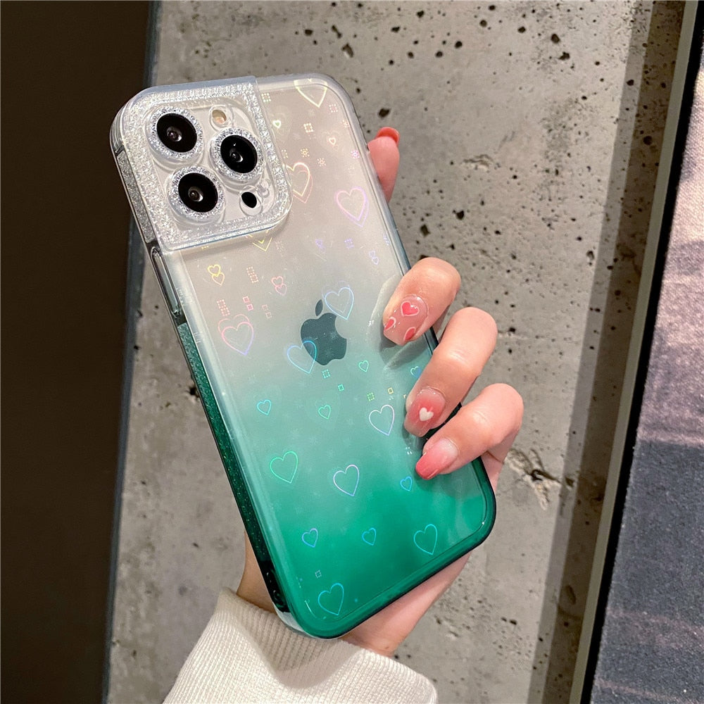 Anymob iPhone Case Blue Gradient Reflective Holographic Love Heart Diamond Camera Soft Cover-Mobile Phone Cases-PEROZ Accessories