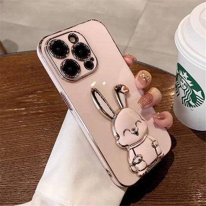 Anymob iPhone Case Shockproof Brown Luxury Plating Rabbit Holder Phone Case Soft Silicone Stand Cover-Mobile Phone Cases-PEROZ Accessories