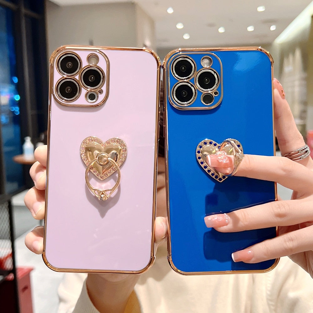 Anymob iPhone Case Black Plating Love Heart Ring Holder Kickstand Soft Silicone Cover-Mobile Phone Cases-PEROZ Accessories