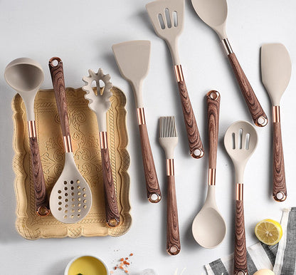 Anygleam Kitchen Utensils Non-stick Brown 12 Set Gold Plated Handle with Support Point Cooking Tool Accessories Heat Resistant Kitchenware-Spatula and Shovel-PEROZ Accessories