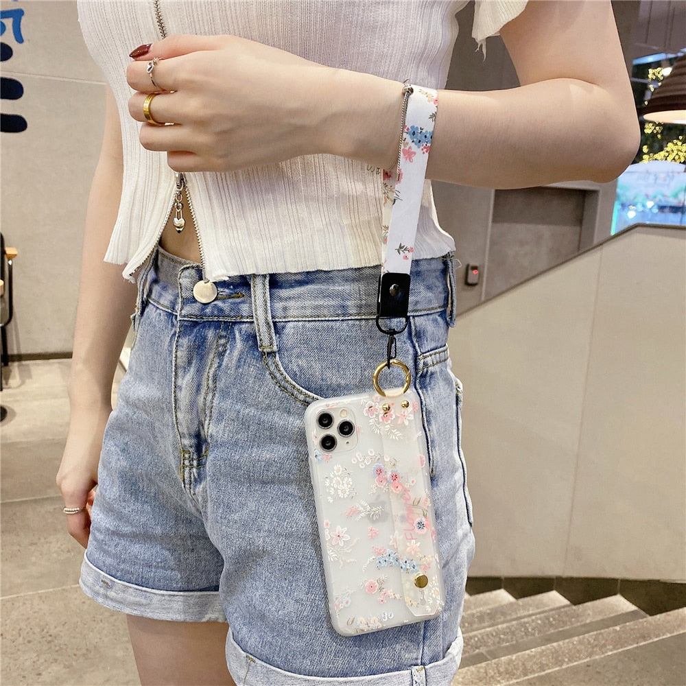 Anymob iPhone Case Blue and Pink 3D Flower Soft Silicone Phone Cover With Wrist Strap Lanyard-Mobile Phone Cases-PEROZ Accessories