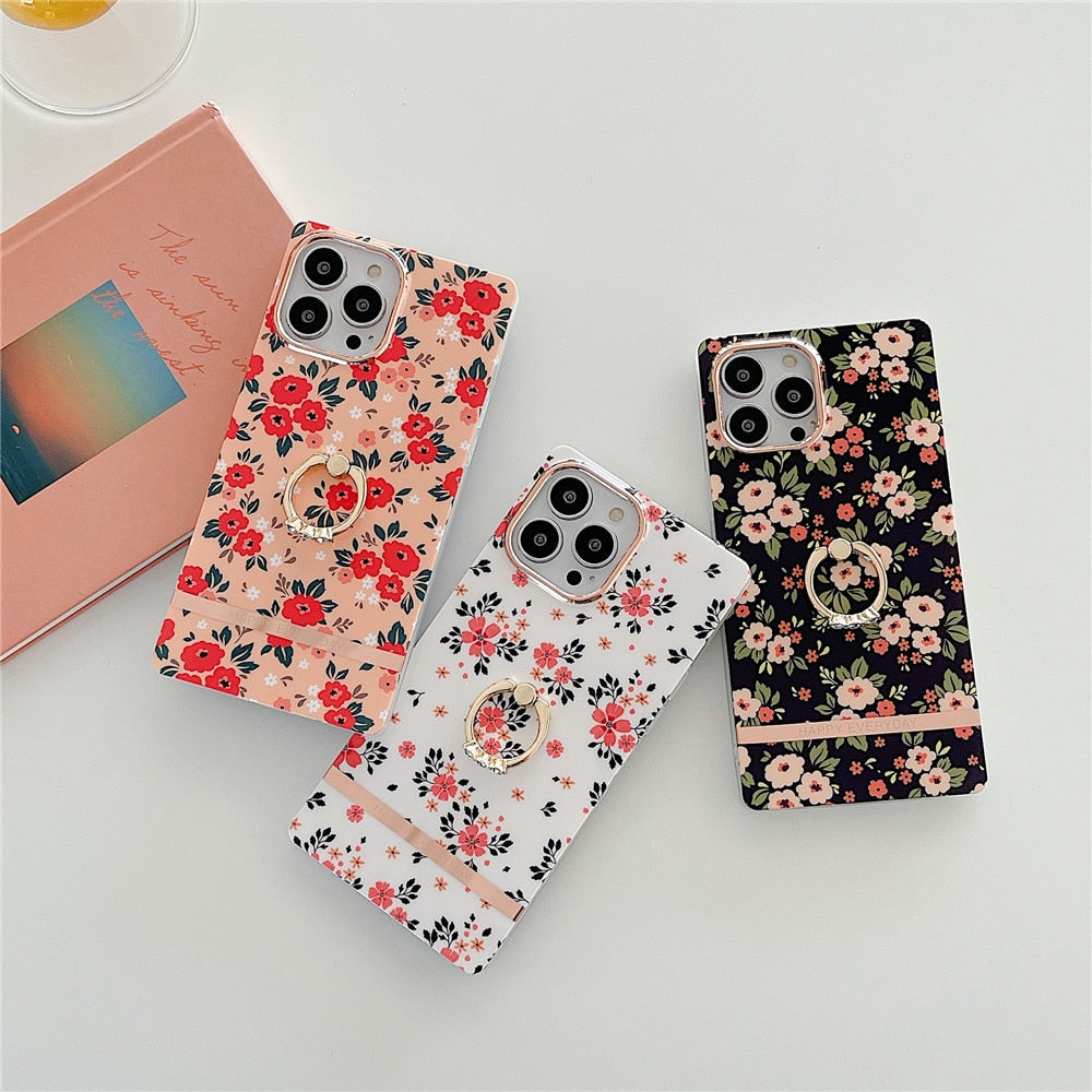Anymob iPhone Case Pink Ring Holder Flowers Square Design Soft Silicon Stand Phone Cover-Mobile Phone Cases-PEROZ Accessories