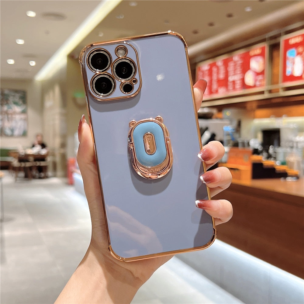 Anymob iPhone Case Purple Cute Bear Ring Holder Plating Silicon Stand Finger Bracket Back Cover-Mobile Phone Cases-PEROZ Accessories