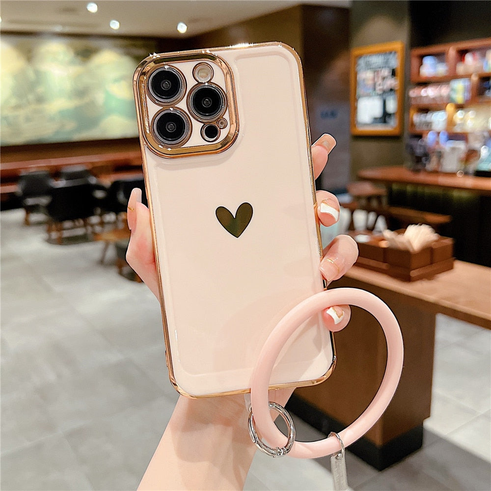 Anymob iPhone Case Pink Soft Silicone Bracelet Electroplate Love Heart Shockproof Strap Cover-Mobile Phone Cases-PEROZ Accessories