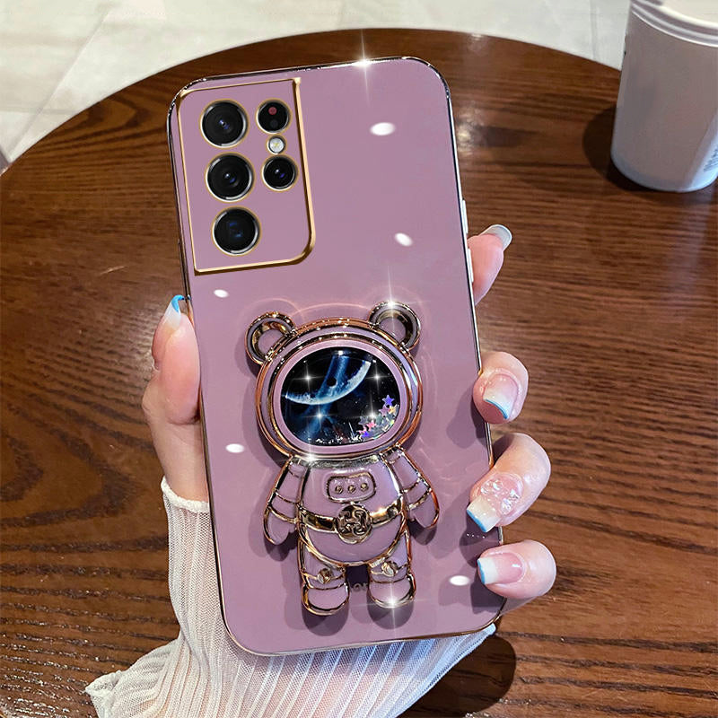 Anymob Samsung Case Pink Shiny Glitter Quicksand Astronaut Phone Electroplate Stand Holder Cover-Mobile Phone Cases-PEROZ Accessories