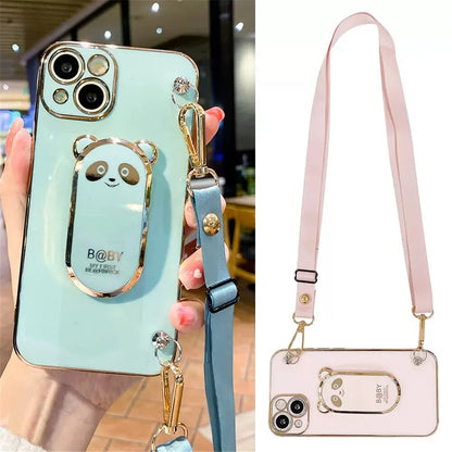 Anymob iPhone Case Shockproof Dark Pink Plating Panda Crossbody Necklace Stand Lanyard Case Strap Cover-Mobile Phone Cases-PEROZ Accessories
