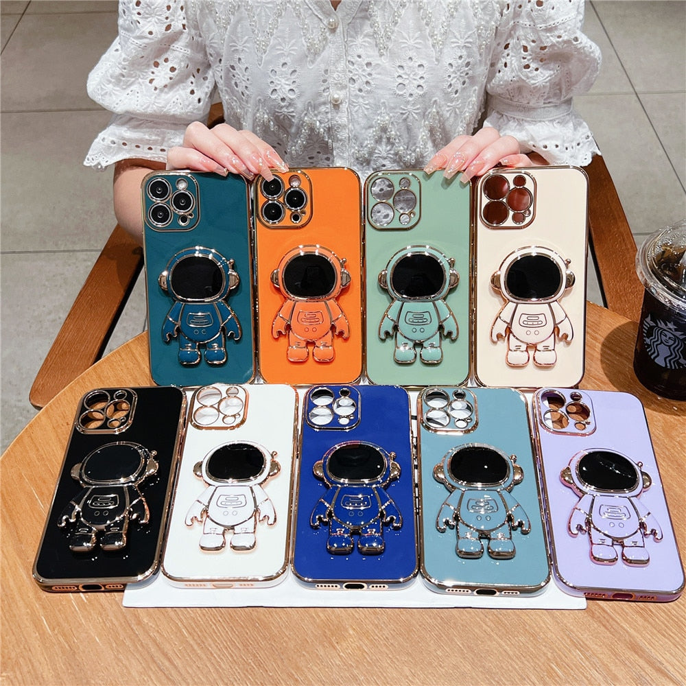 Anymob iPhone Case White Plating Astronaut Stand Holder Lens Protection Heart Pattern Cover-Mobile Phone Cases-PEROZ Accessories