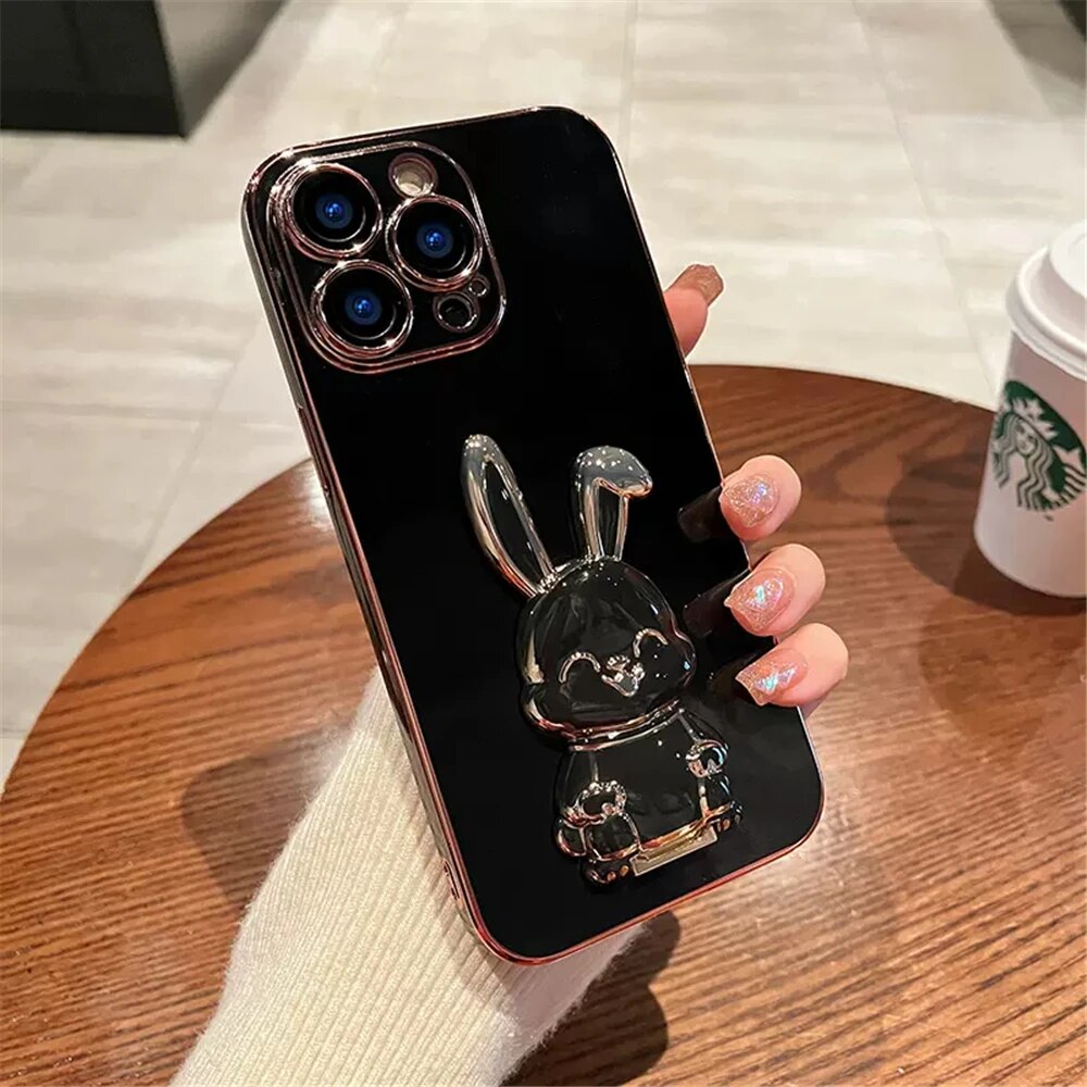 Anymob iPhone Case Shockproof Dark Gray Luxury Plating Rabbit Holder Phone Case Soft Silicone Stand Cover-Mobile Phone Cases-PEROZ Accessories