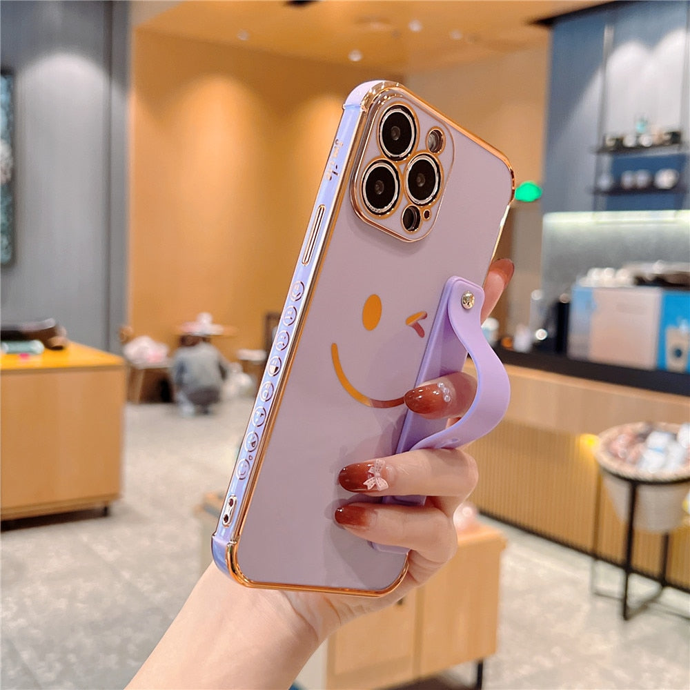 Anymob iPhone Case White Plating Smiley Square Wristband Holder Soft TPU Shockproof Cover-Mobile Phone Cases-PEROZ Accessories