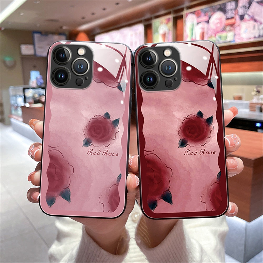 Anymob iPhone Case Light Red Vintage Rose Flowers Glass Shockproof Soft Bumper Cover-Mobile Phone Cases-PEROZ Accessories