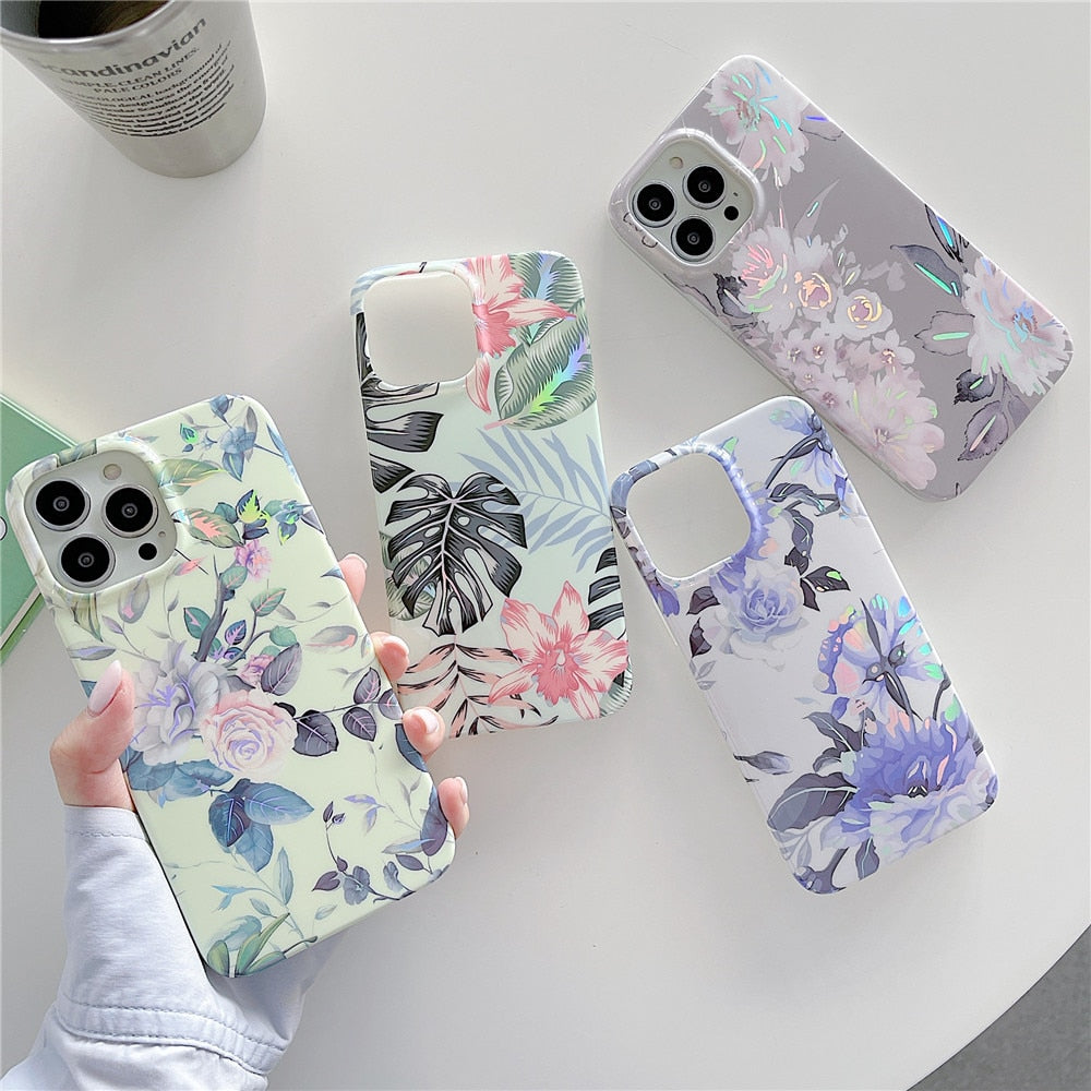 Anymob iPhone Lavender Laser Retro Flower Phone Case Soft Silicone Full Body Back Cover-Mobile Phone Cases-PEROZ Accessories