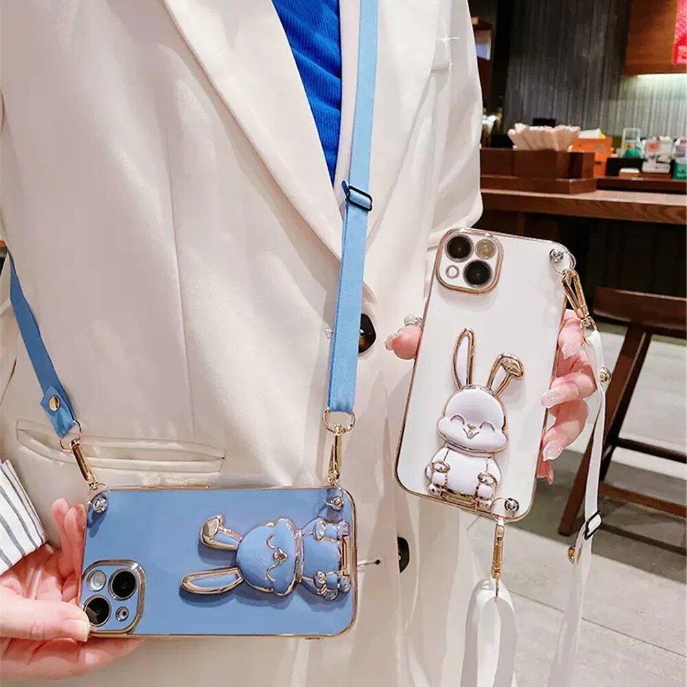 Anymob iPhone Case Shockproof Light Pink Rabbit Bracket Crossbody Lanyard Case Plating Stand Silicon Phone Cover-Mobile Phone Cases-PEROZ Accessories