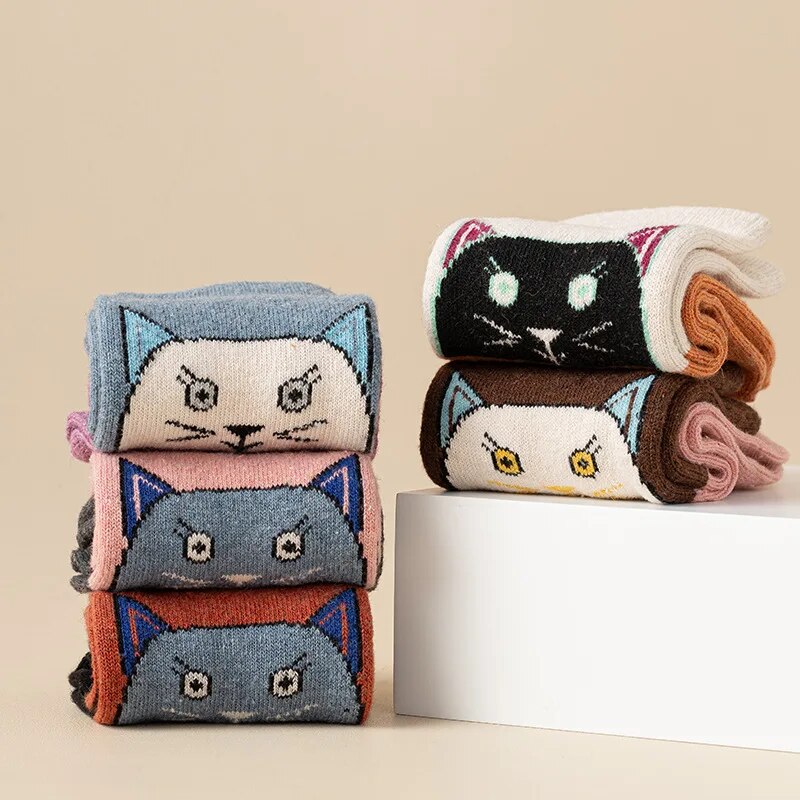 Anysox 5 Pairs Size 35-40 Mixed Color Cat Face Cartoon Fashion Socks High Quality Woollen Stockings Foot Wear-Socks-PEROZ Accessories