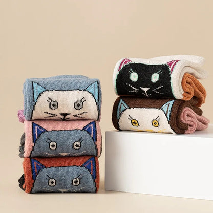 Anysox 5 Pairs Size 35-40 Mixed Color Cat Face Cartoon Fashion Socks High Quality Woollen Stockings Foot Wear-Socks-PEROZ Accessories