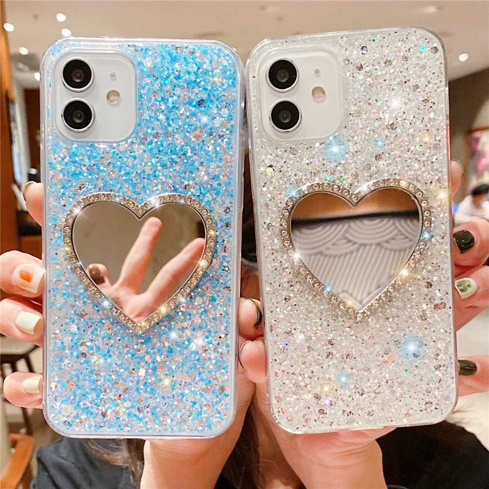 Anymob iPhone Blue Glitter Heart Mirror Silicone Case Cover-Mobile Phone Cases-PEROZ Accessories