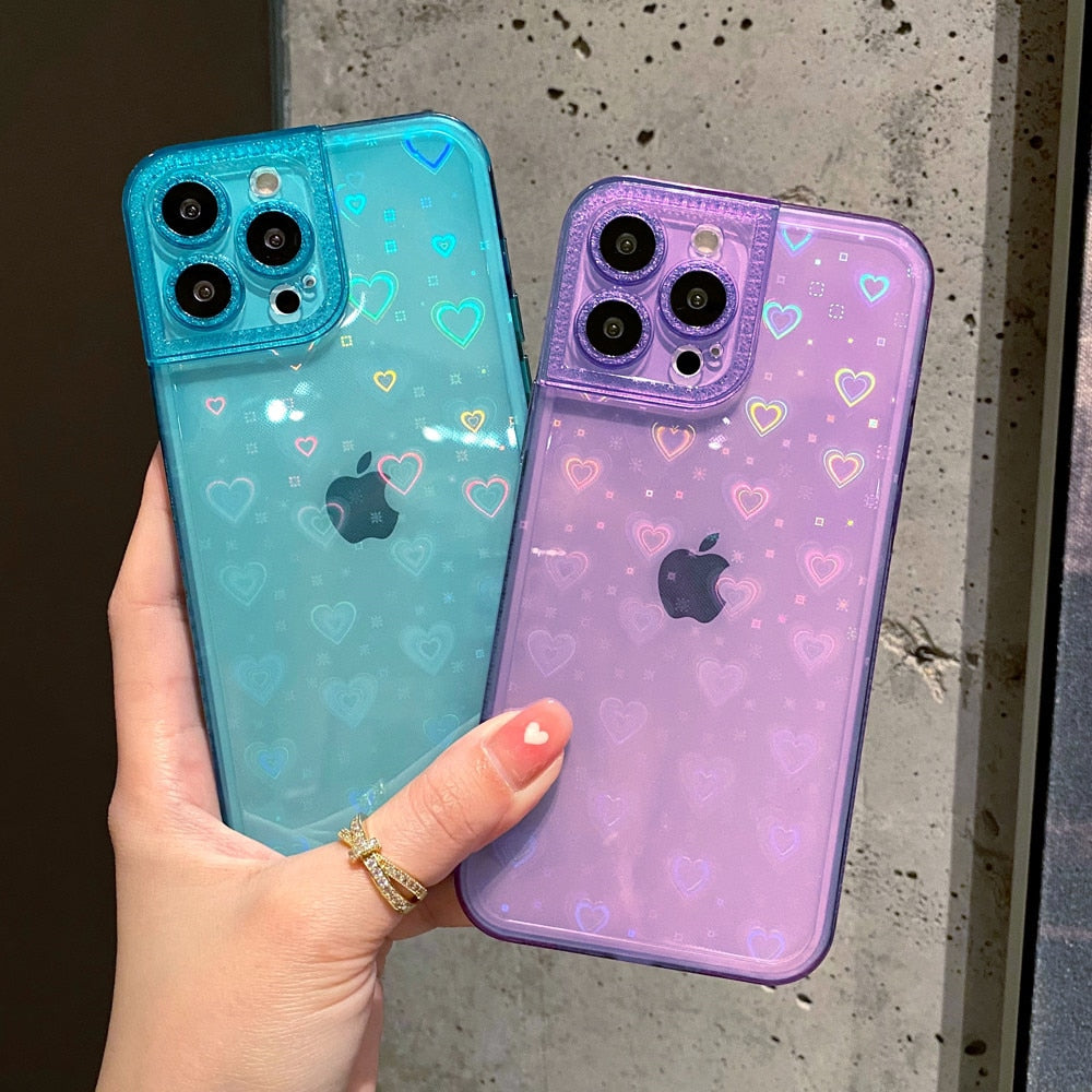 Anymob iPhone Blue Holographic Love Heart Clear Phone Case Transparent Cover-Mobile Phone Cases-PEROZ Accessories