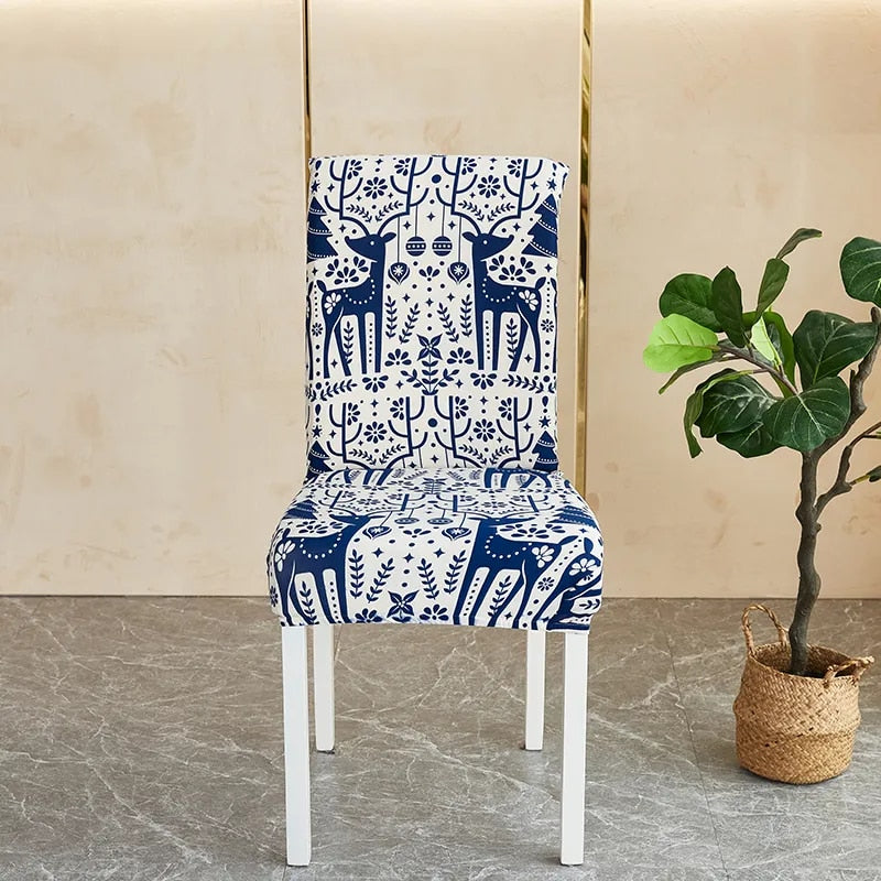 Anyhouz Chair Cover White Blue Xmas Deer Pattern with Anti-Dirt and Elastic Material for Dining Room Kitchen Wedding Hotel Banquet Restaurant-Chair Cover-PEROZ Accessories