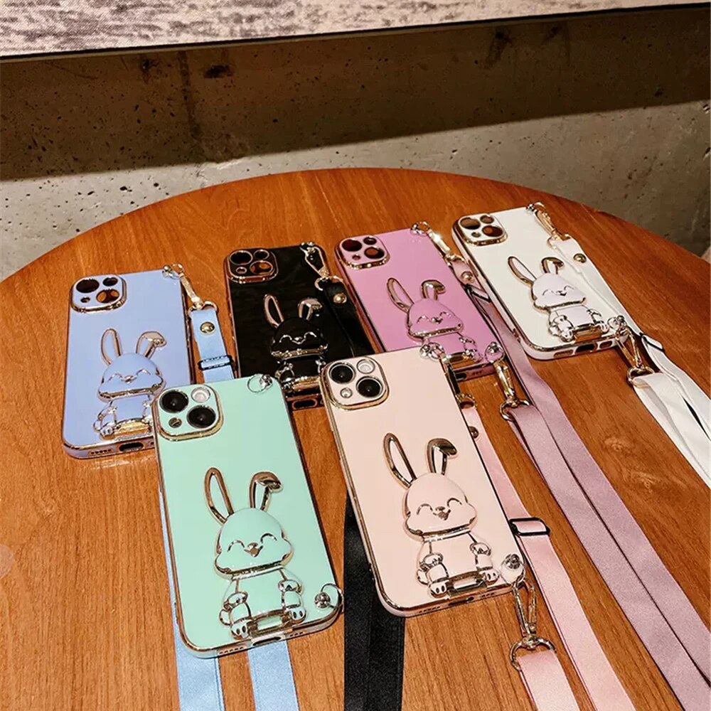 Anymob iPhone Case Shockproof Dark Pink Rabbit Bracket Crossbody Lanyard Case Plating Stand Silicon Phone Cover-Mobile Phone Cases-PEROZ Accessories